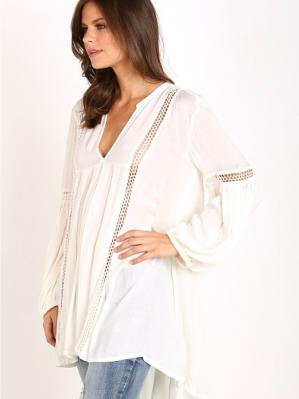 Free People tunic top with crocheted details.